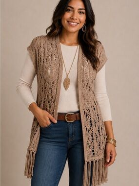 Heart N Crush Taupe Crochet Fringe Open Front Cardigan Vest Size Large Boho